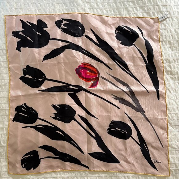 Authentic Christian Dior square 100% silk abstact tulip print pale pink scarf - Picture 1 of 6